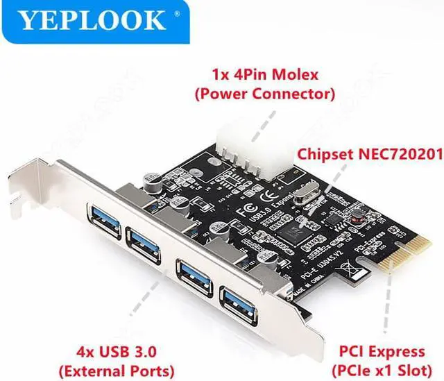 Alt view image 2 of 6 - PCIe 1x to 4 Port USB3.0 Expansion Card 4Pin Power Connector PCI Express Adapter USB 3.0 Hub High Speed 5Gbps Chipset NEC720201