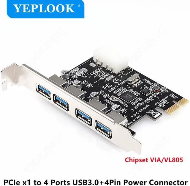 Main image of 4 Port USB3.0 PCIe 1x PCI Express Adapter Expansion Control Card 5Gbps with 4Pin Power Connector USB 3.0 Hub Chipset VIA VL805