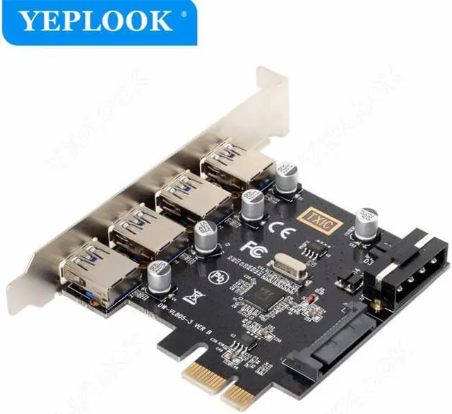 Alt view image 2 of 6 - PCIe to 4 Port USB3.0 Expansion Card with 19Pin+SATA Dual Power Connector PCIe X1 Adapter Riser Converter USB 3.0 HUB VL805 Chip