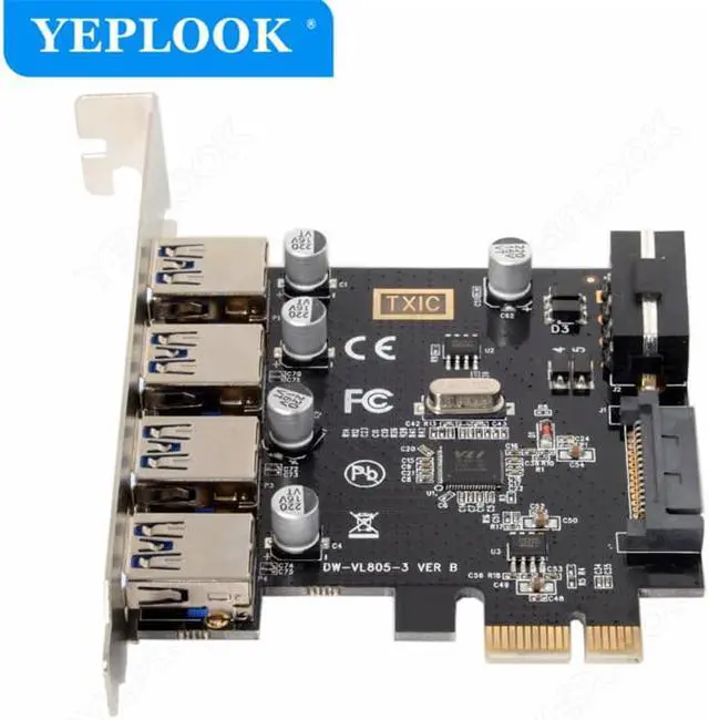 Alt view image 3 of 6 - PCIe to 4 Port USB3.0 Expansion Card with 19Pin+SATA Dual Power Connector PCIe X1 Adapter Riser Converter USB 3.0 HUB VL805 Chip