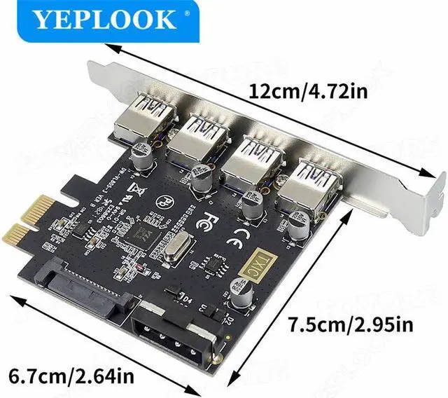 Alt view image 6 of 6 - PCIe to 4 Port USB3.0 Expansion Card with 19Pin+SATA Dual Power Connector PCIe X1 Adapter Riser Converter USB 3.0 HUB VL805 Chip