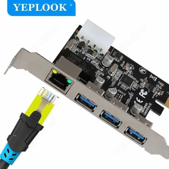 Alt view image 2 of 6 - PCIe 1X to 3 Ports USB3.0 + RJ45 1000Mbps LAN Gigabit Ethernet Network Card with 4Pin Power Supply Connector for Desktop PC