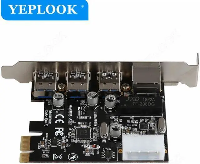 Alt view image 4 of 6 - PCIe 1X to 3 Ports USB3.0 + RJ45 1000Mbps LAN Gigabit Ethernet Network Card with 4Pin Power Supply Connector for Desktop PC