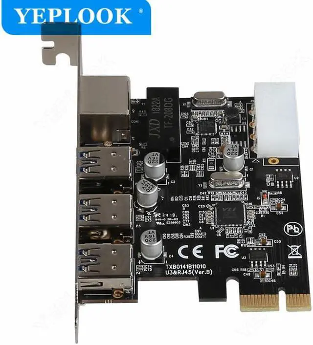Alt view image 5 of 6 - PCIe 1X to 3 Ports USB3.0 + RJ45 1000Mbps LAN Gigabit Ethernet Network Card with 4Pin Power Supply Connector for Desktop PC