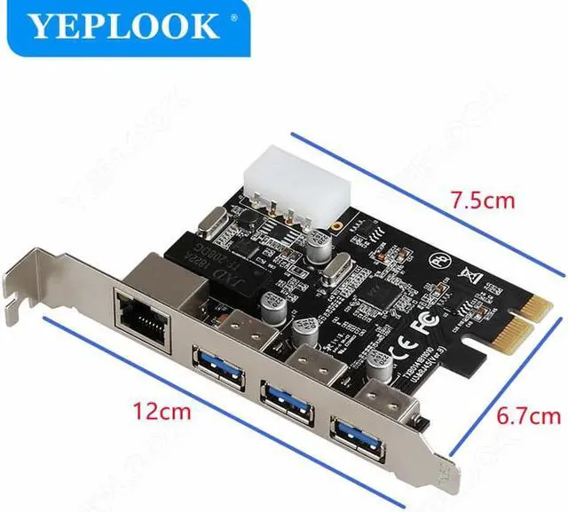 Alt view image 6 of 6 - PCIe 1X to 3 Ports USB3.0 + RJ45 1000Mbps LAN Gigabit Ethernet Network Card with 4Pin Power Supply Connector for Desktop PC