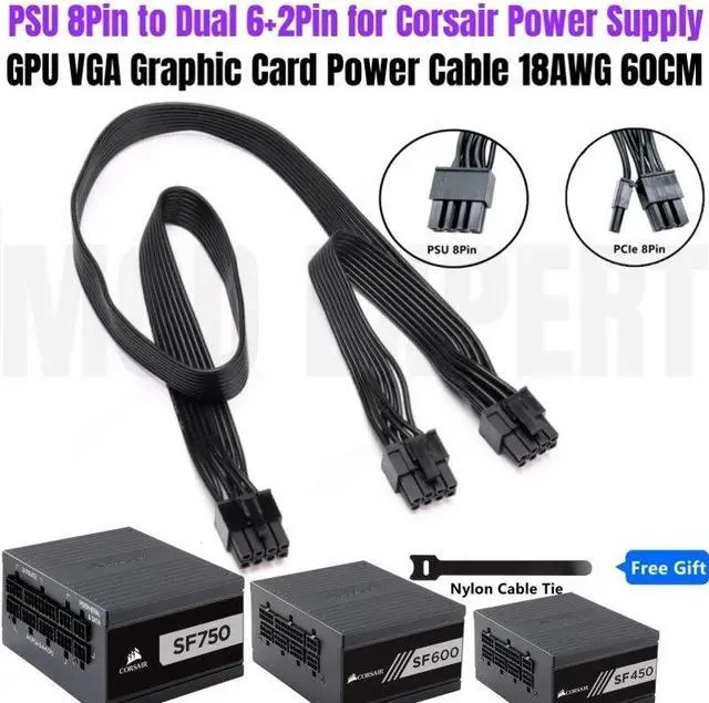 Main image of YEPLOOK Dual PCI-E 8Pin 6+2Pin VGA Graphics Card GPU Power Cable for Corsair SF750, SF600, SF450 Type 4 Power, Flat Cable 18AWG 60+20 CM