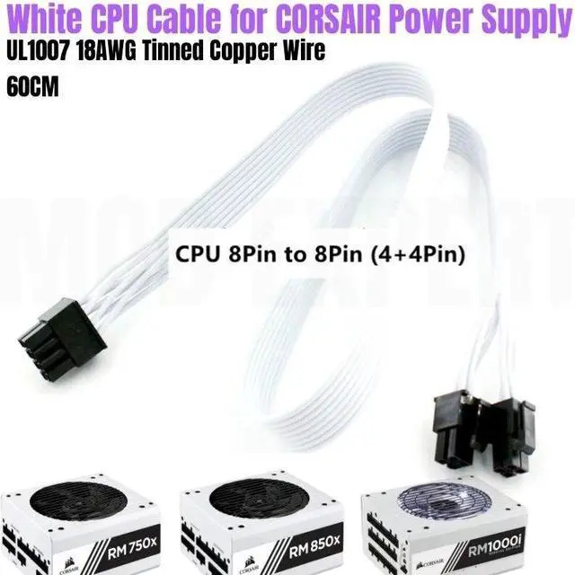 Main image of White CPU Power Cable PSU 8Pin to 4+4Pin EPS 12V for CORSAIR RM750x RM850x RM750i RM850i RM1000i Modular Power Supply 18AWG 60CM