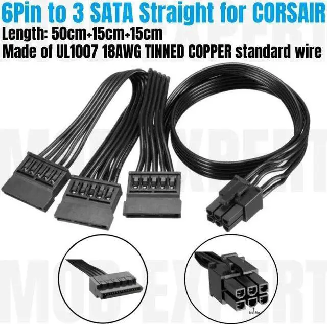 Main image of YEPLOOK 6Pin to 3x SATA Male HDD Hard Disk Drive SSD Power Cable for Corsair CX430 CX450 CX500 CX600 CX650 CX750 CX Type 3 Modular Power, 18AWG 50+15+15CM