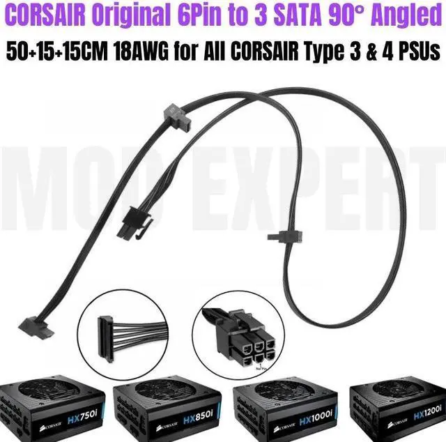 Main image of YEPLOOK 6Pin to 3x SATA Angled Hard Disk Drive HDD SSD Power Cable for Corsair HX750i HX850i HX1000i HX1200i Type 3 Modular Power 18AWG