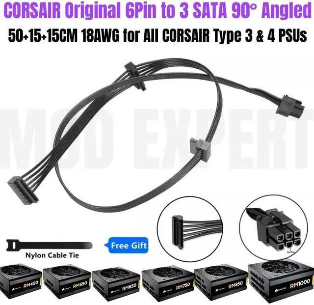 Main image of YEPLOOK 6Pin to 3x SATA Angled SSD HDD Hard Drive Power Cable for Corsair RM450, RM550, RM650, RM750, RM850, RM1000 GOLD Type 3 Modular Power