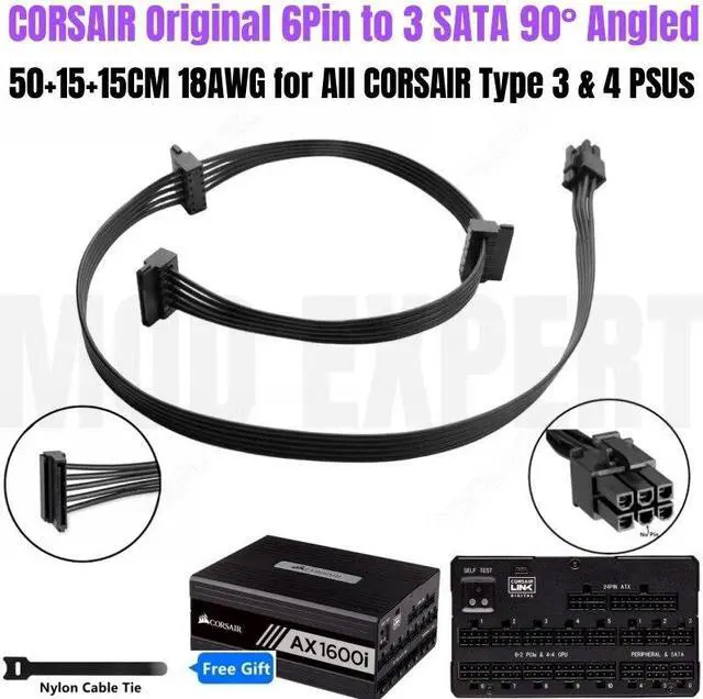 Main image of YEPLOOK 6Pin to 3x SATA Right Angled Riser Card Hard Drive SSD HDD Power Cable 18AWG 50+15+15CM for CORSAIR AX1600i Titanium, AX1000 Titanium, AX850 Titanium Type 4 Modular Power