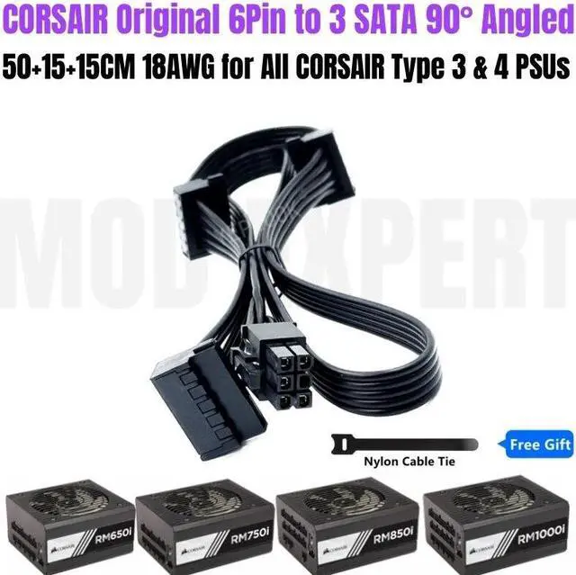 Main image of YEPLOOK 6Pin to 3x SATA Right Angled SSD HDD Power Cable for Corsair RM650i RM750i RM850i RM1000i Modular Power, 18AWG 50+15+15CM