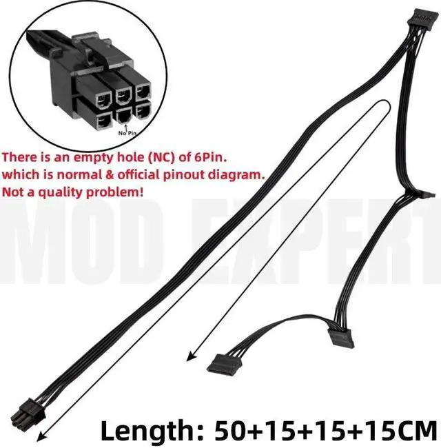 Alt view image 2 of 5 - YEPLOOK 6Pin to 4x SATA Straight Hard Drive HDD SSD Power Cable for Corsair AX760i AX860i AX1200i AX1500i AX-i Type 3 Modular Power, 18AWG 50+15+15+15CM