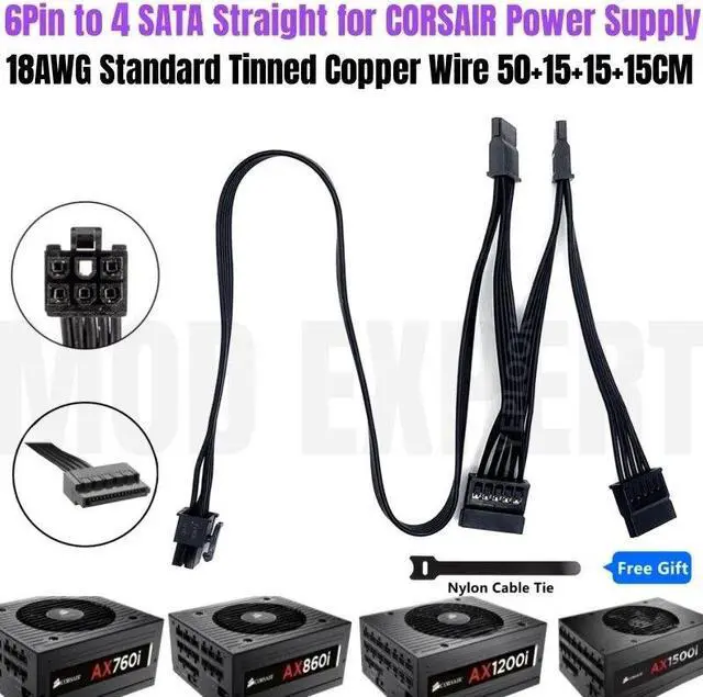 Main image of YEPLOOK 6Pin to 4x SATA Straight Hard Drive HDD SSD Power Cable for Corsair AX760i AX860i AX1200i AX1500i AX-i Type 3 Modular Power, 18AWG 50+15+15+15CM