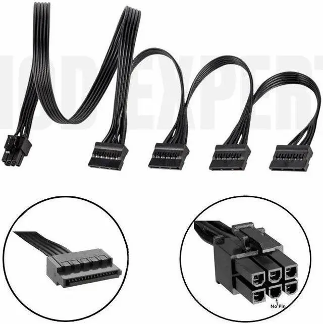 Alt view image 3 of 6 - 6Pin to 4 SATA Power Cable for Hard Drive HDD SSD Riser Card Support CORSAIR HX650 HX750 HX850 HX1050 GOLD Modular PSU 18AWG