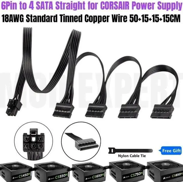 Main image of YEPLOOK 6Pin to 4 SATA Straight HDD SSD Power Cable for Corsair CS450M CS550M CS650M CS750M CS850M Type 3 Modular Power Supply 50+15+15CM 18AWG