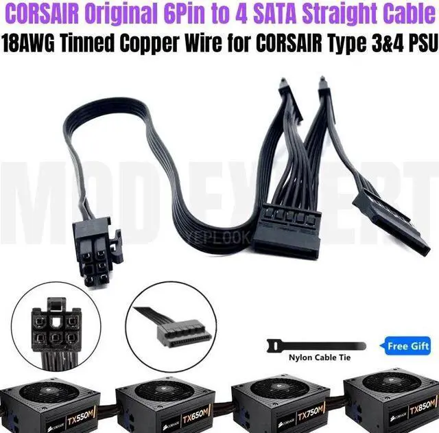 Main image of YEPLOOK 6Pin to 4 SATA Straight Hard Drive HDD SSD Power Cable for Corsair TX850M TX750M TX600M TX550M Type 3 Modular Power, 18AWG 50+15+15+15cm