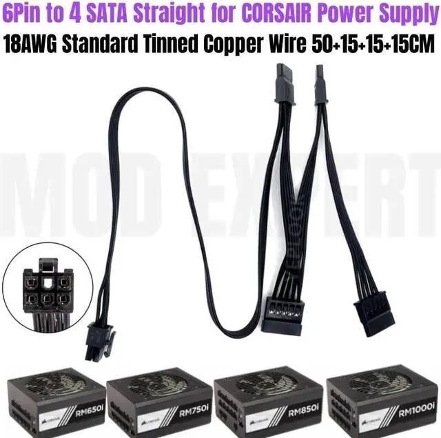Main image of YEPLOOK 6Pin to 4x SATA Straight SSD HDD Power Cable for Corsair RM650i RM750i RM850i RM1000i Type 4 Modular Power, 18AWG 50+15+15+15CM