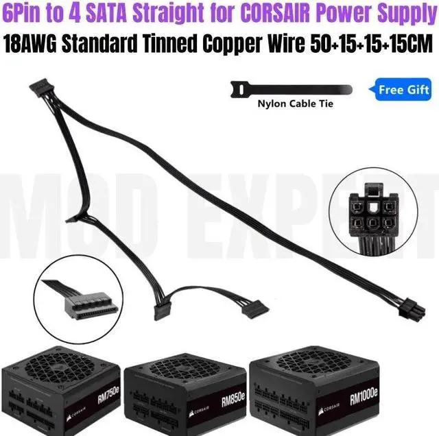 Main image of YEPLOOK 6Pin to 4 SATA Straight Hard Drive HDD SSD Power Cable 50+15+15+15CM 18AWG for CORSAIR RM750e RM850e RM1000e Modular Power