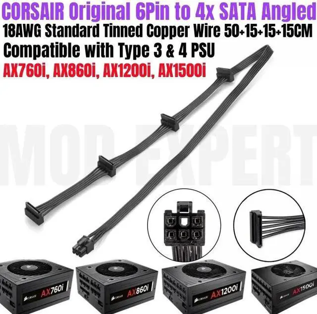 Main image of YEPLOOK 6Pin to 4 SATA Angled Hard Drive HDD SSD Power Cable 18AWG 50+15+15+15CM for CORSAIR AX760i AX860i AX1200i AX1500i Modular Power