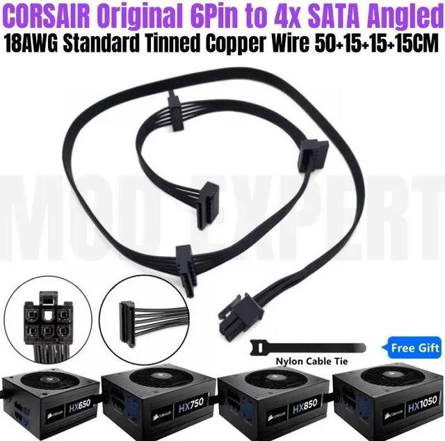 Main image of YEPLOOK 6Pin to 4 SATA Angled HDD SSD Power Cable 18AWG 50+15+15+15CM for Corsair HX650 HX750 HX850 HX1050 Type 3 Modular Power