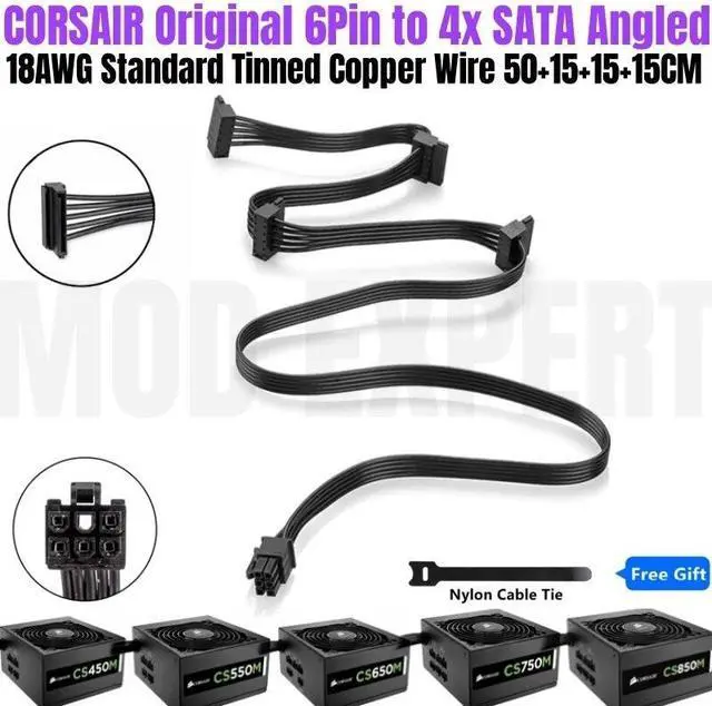 Main image of YEPLOOK 6Pin to 4 SATA Angled HDD SSD Power Cable for Corsair CS450M CS550M CS650M CS750M CS850M Type 3 Modular Power Supply Units