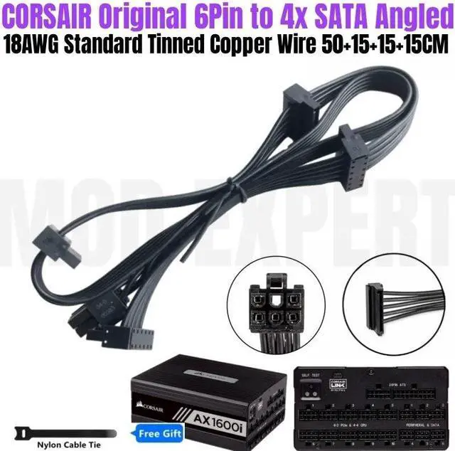 Main image of YEPLOOK 6Pin to 4x SATA Angled Hard Drive HDD SSD Power Cable for Corsair AX1600i Titanium, AX1000 Titanium, AX850 Titanium Type 4 Modular Power, 18AWG 50+15+15+15CM