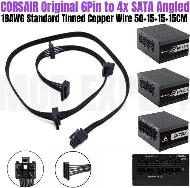 Main image of YEPLOOK 6Pin to 4 SATA Angled Hard Drive SSD HDD Power Cable 50+15+15+15CM 18AWG for CORSAIR SF450 SF600 SF750 Platinum Type 4 Modular Power PSU