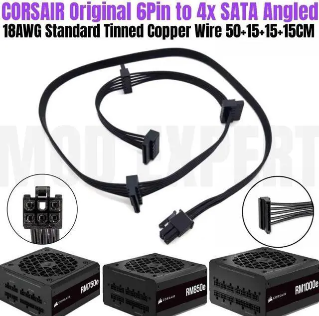 Main image of YEPLOOK 6Pin to 4x SATA Angled HDD SSD Power Cable for Corsair RM750e RM850e RM1000e Type 4 Modular Power, 50+15+15+15CM 18AWG