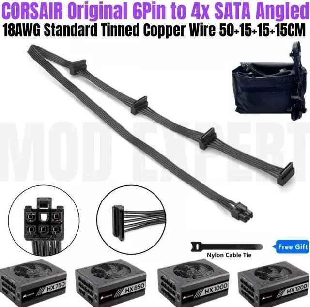 Main image of YEPLOOK 6Pin to 4x SATA Angled Hard Drive HDD SSD Cable for Corsair HX750 HX850 HX1000 HX1200 Modular Power, 18AWG 50+15+15+15CM