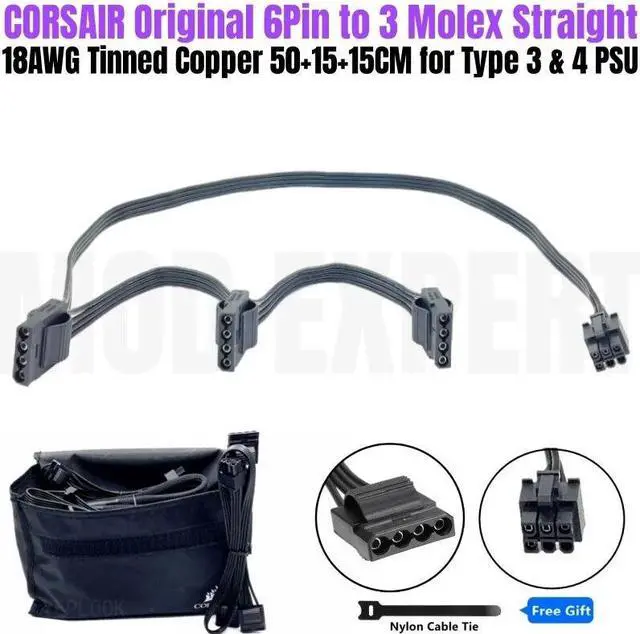 Main image of YEPLOOK 6Pin to 3x Molex IDE PATA Perif Optical Floppy HDD Fan Power Cable for Corsair RMi RMx RMe AXi HX HXi RM CSM CXM TXM SF Type 3 & Type 4 Modular Power