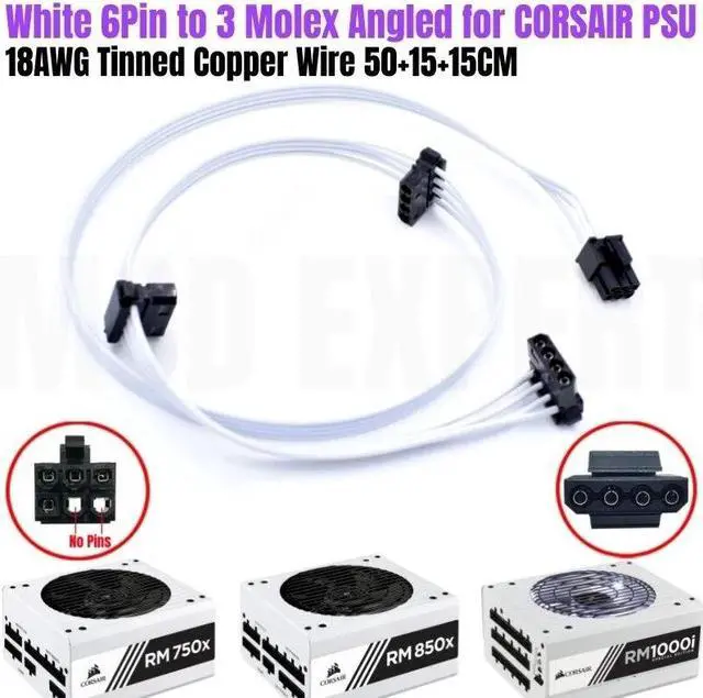 Main image of YEPLOOK White 6Pin to 3x Molex IDE 4Pin Angled Fan Power Cable for Corsair RM750x RM850x RM750i RM850i RM1000i Type 4 Modular Power, 18AWG 50+15+15CM
