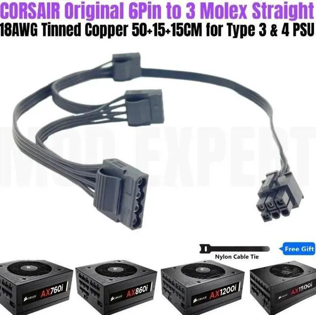 Main image of YEPLOOK 6Pin to 3 Molex IDE 4Pin PATA Perif Optical HDD Floppy Drive Fan Power Cable for Corsair AX760i, AX860i, AX1200i, AX1500i AX-i Type 3 Modular Power