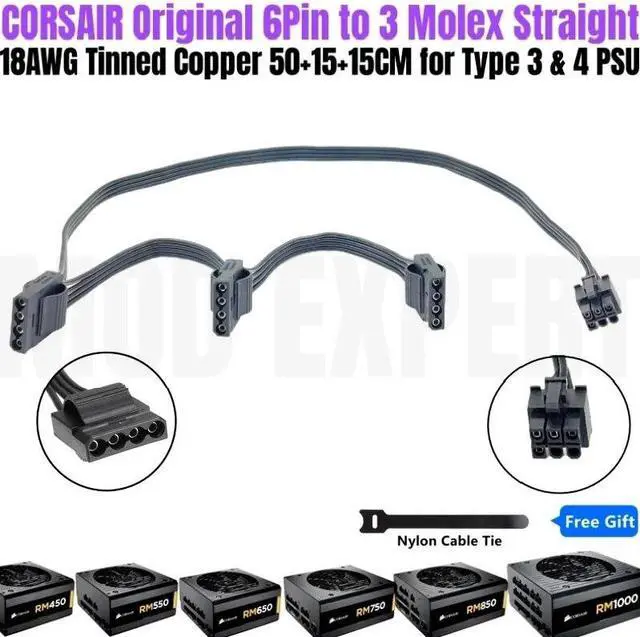 Main image of YEPLOOK 6Pin to 3x Molex 4Pin IDE PATA Perif Cooler Fan HDD Floppy Power Cable for Corsair RM450 RM550 RM650 RM750 RM850 RM1000 Gold Type 3 Modular Power