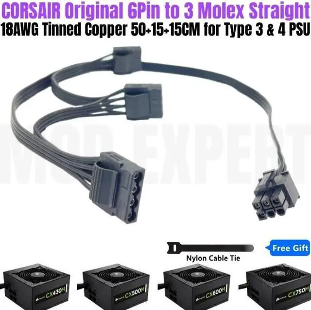 Main image of YEPLOOK 6Pin to 3 Molex IDE 4Pin Floppy Fan Power Cable for Corsair CX850M, CX750M, CX600M, CX500M, CX450M, CX430M Type 3 Modular Power