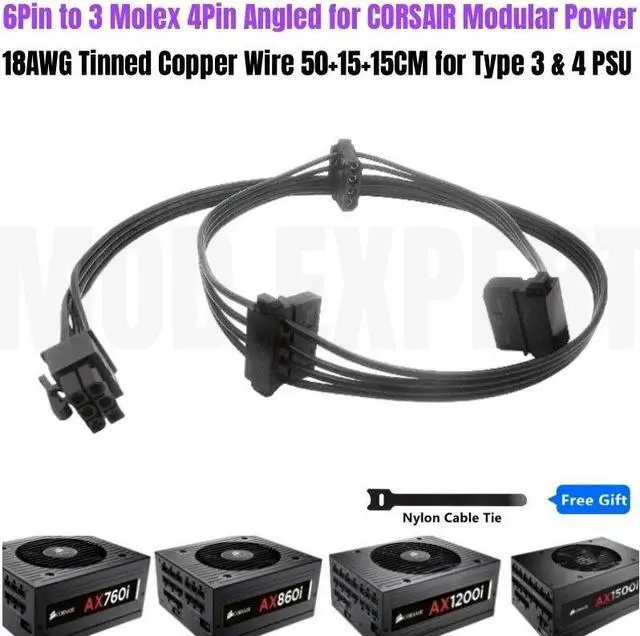 Main image of 6Pin to 3 Molex IDE 4Pin Angled PATA Perif Fan Optical HDD Floppy Drive Power Cable for CORSAIR AX760i, AX860i, AX1200i, AX1500i