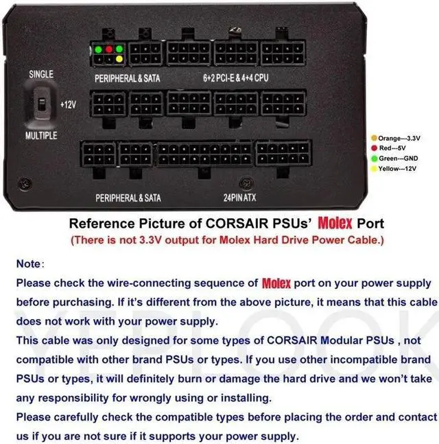 Alt view image 6 of 6 - 6Pin to 3 Molex IDE 4Pin Angled PATA Perif for Fan Optical Floppy HDD for CORSAIR 550W 650W 750W 850W 1000W 1200W Modular Power