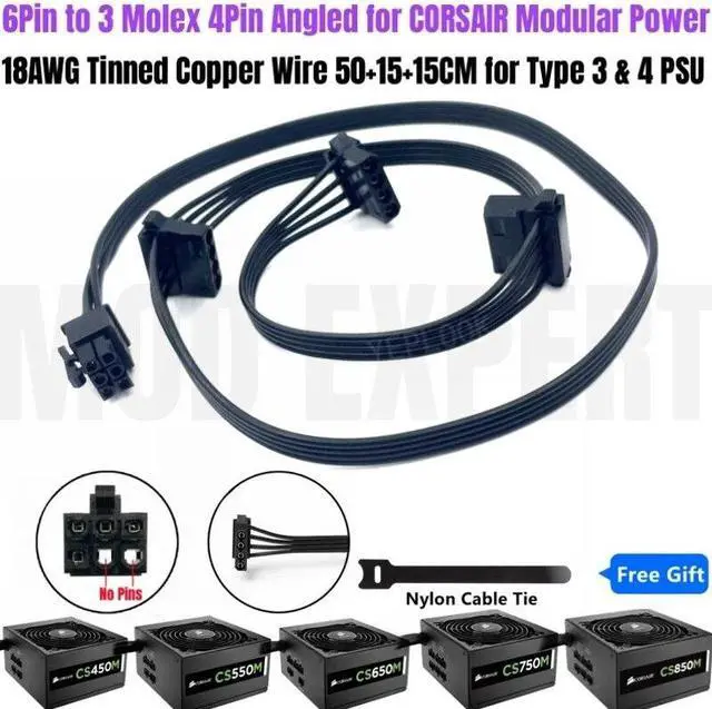 Main image of 6Pin to 3 Molex 4Pin IDE/PATA Perif Floppy HDD Fan Power Cable for CORSAIR CS850M, CS750M, CS650M, CS550M, CS450M Modular PSU