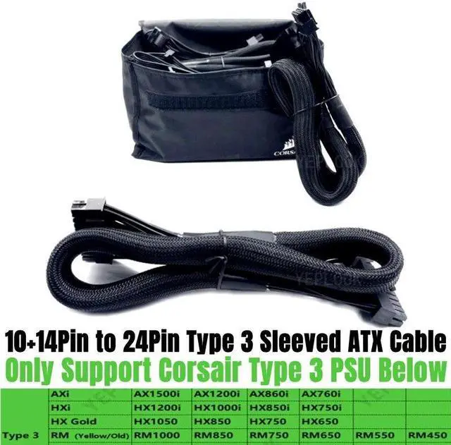 Alt view image 2 of 5 - YEPLOOK 14+10Pin to 20+4Pin 24Pin ATX Main Power Cable Net for Corsair Type 3 Modular Power, for AXi HXi HX GOLD RM CXM CSM TXM Modular, Sleeved Net 18AWG 60CM