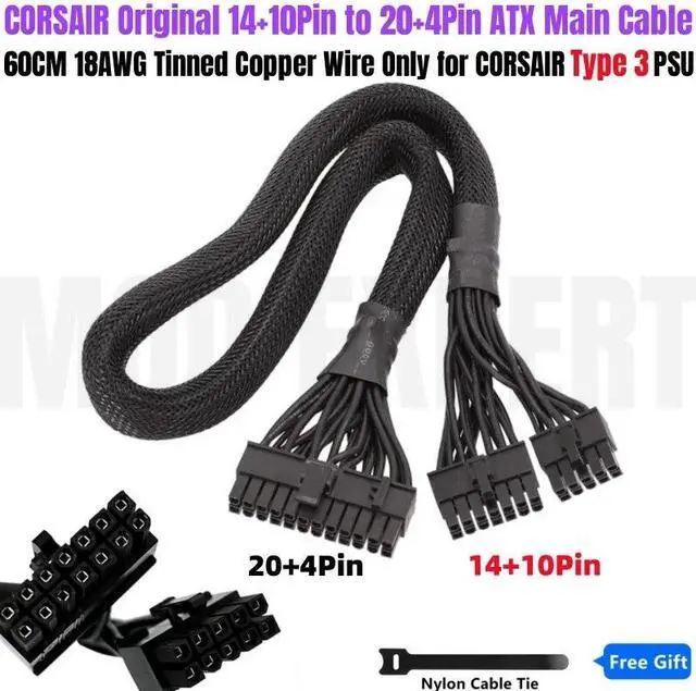 Alt view image 2 of 5 - YEPLOOK Type 3 14+10Pin to 20+4Pin 24Pin ATX Main Power Cable Net 18AWG 60CM for Corsair Type 3 CX Series CX550W CX650W CX750W Modular PSUs