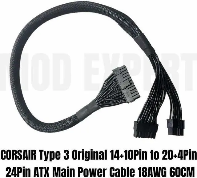 Alt view image 4 of 6 - YEPLOOK 24Pin ATX Power Cable 14+10Pin to 20+4Pin Net for Corsair TX850M, TX750M, TX650M, TX550M Type 3 Modular PSU 18AWG 60CM