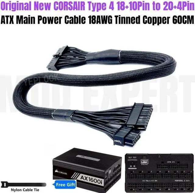 Main image of YEPLOOK 18+10Pin to 20+4Pin 24Pin ATX Main Power Cable for Corsair AX1600i Type 4 Modular Power, Sleeved Net 18AWG 60CM