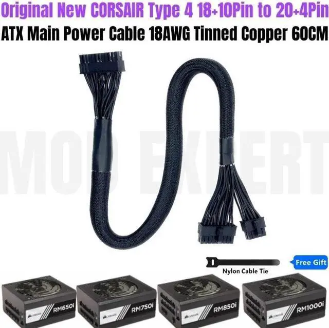 Main image of YEPLOOK Type 4 ATX 18+10Pin to 24Pin Power Cable Net for Corsair RM550i, RM650i, RM750i, RM850i, RM1000i Modular PSU 18AWG 60CM