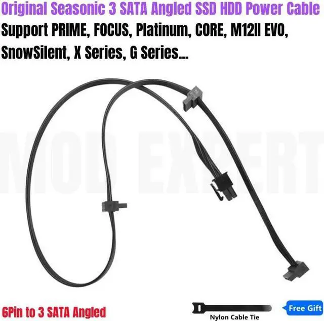 Alt view image 4 of 8 - Original Seasonic 6Pin to 3x SATA Angled SSD HDD Modular Power Cable for PRIME, FOCUS, Platinum, CORE, M12II EVO, SnowSilent PSU