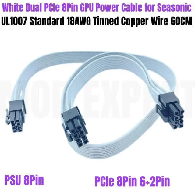 Alt view image 2 of 6 - White PCIe Dual 8Pin 6+2Pin Graphic Card GPU Power Cable for Seasonic PRIME SnowSilent 750W Titanium/ 650W Platinum/ 550W Gold