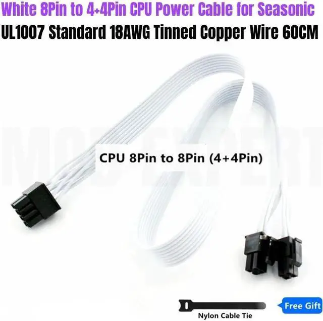 Main image of White PSU 8Pin to 4+4Pin EPS12V CPU Power Cable 18AWG 60CM for Seasonic FOCUS GX/PRIME Snow Silent/VERTEX GX White Modular Power