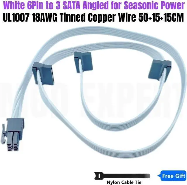 Main image of White 6Pin to 3 SATA Angled SSD HDD Power Cable for Seasonic PRIME, FOCUS, Platinum, CORE, M12II EVO, SnowSilent Modular Power