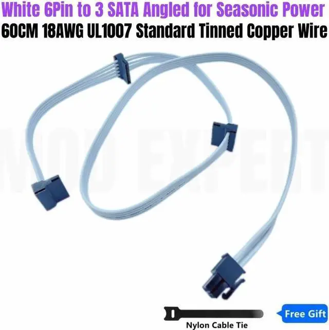 Main image of White 6Pin to 3 SATA Angled HDD SSD Power Cable for Seasonic FOCUS GX-1000 GX-850 GX-750 WHITE GOLD Modular Power Supply Unit