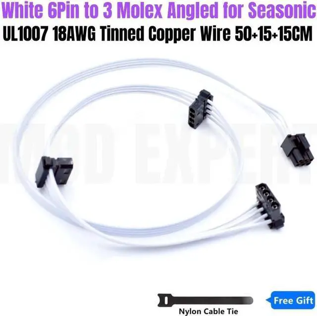 Main image of White 6Pin to 3 Molex IDE 4Pin Cooling Fan Power Cable for Seasonic FOCUS GX-1000 GX-850 GX-750 WHITE GOLD Modular Power Supply