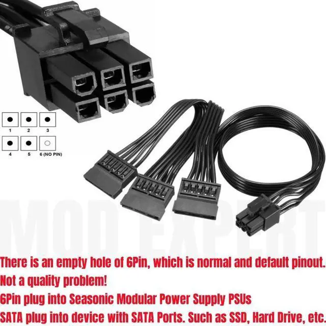 Alt view image 4 of 6 - Original Seasonic 6Pin to 3 SATA Straight HDD SSD Power Cable for Seasonic G-750, G-650, G-550, G-450, G-360 Modular Power PSU
